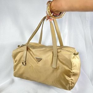 Authentic Golden/ Beige Nylon Prada Mini/ Medium Duffel Bag with Prada Emblem